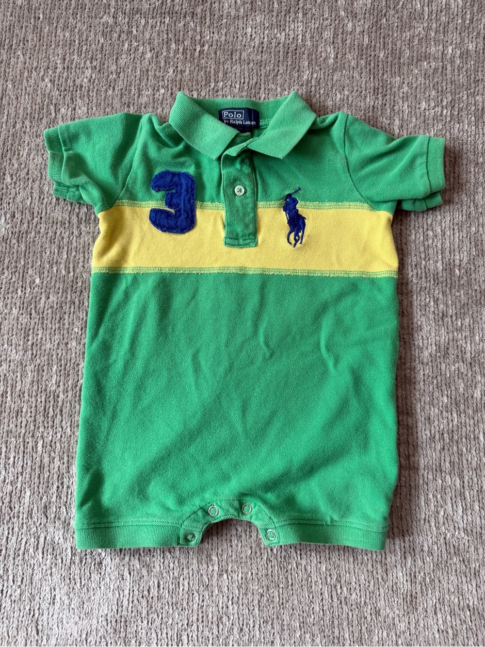 Polo Ralph Lauren Baby 12M Green Yellow Big Pony Polo Romper